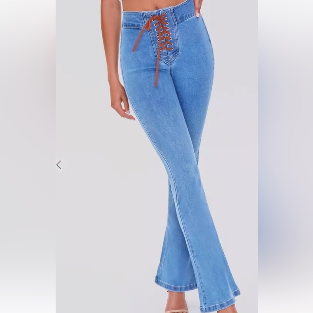 Forever 21 High Rise Slim Fit Lace Up Wide Flare Leg Jeans Women's Size 28